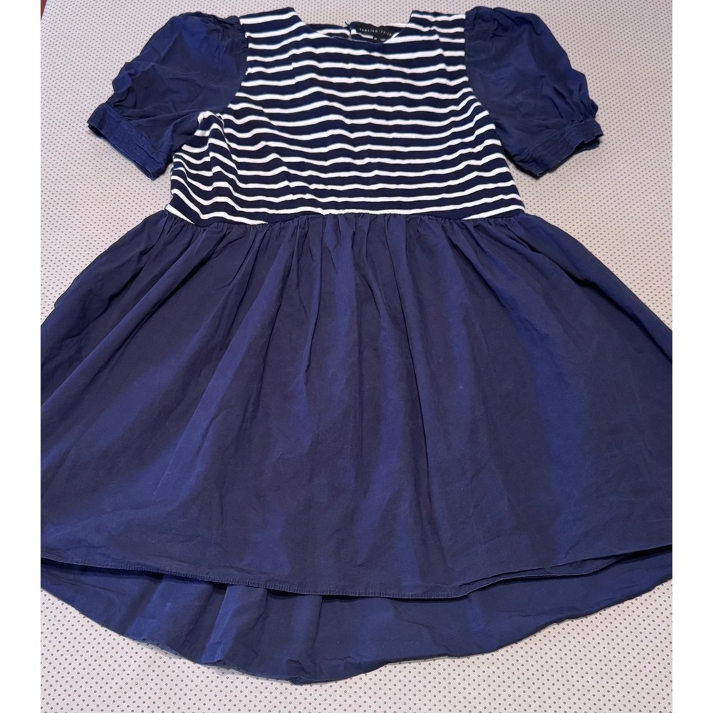 English Factory Mixed Media Striped Puff Sleeve High Low Dress Navy White M